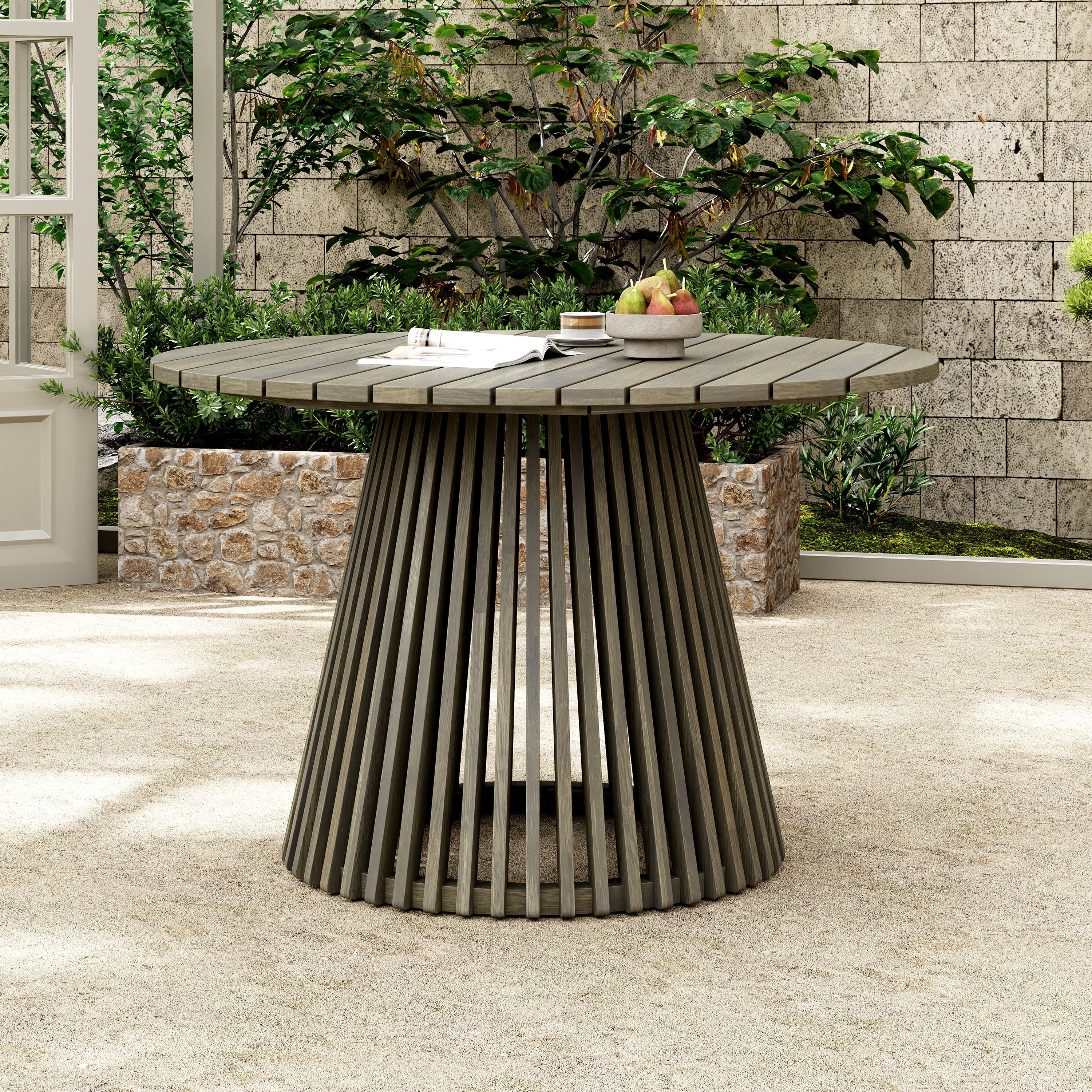 Round Outdoor Grey Acacia Wood Patio Dining Table - 47.25 inch