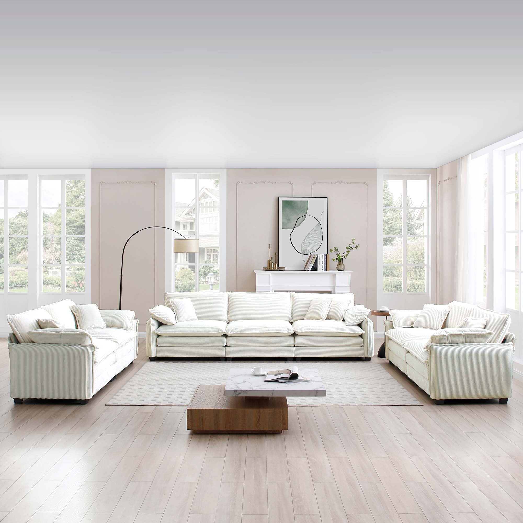 Modern 3 Piece Deep Seat Sofa Set - Beige Corduroy