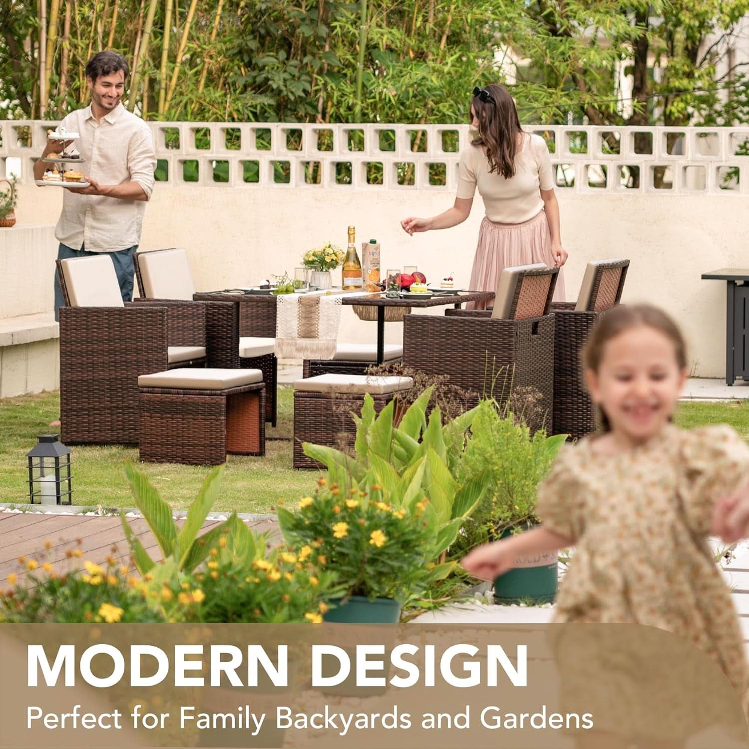9 Piece Outdoor Space Saving Dining Set - Brown Rattan Chairs With Beige Cushions