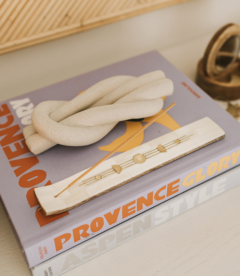 Indukala Moon Phase Incense Holder - Hand Carved Wood & Bone