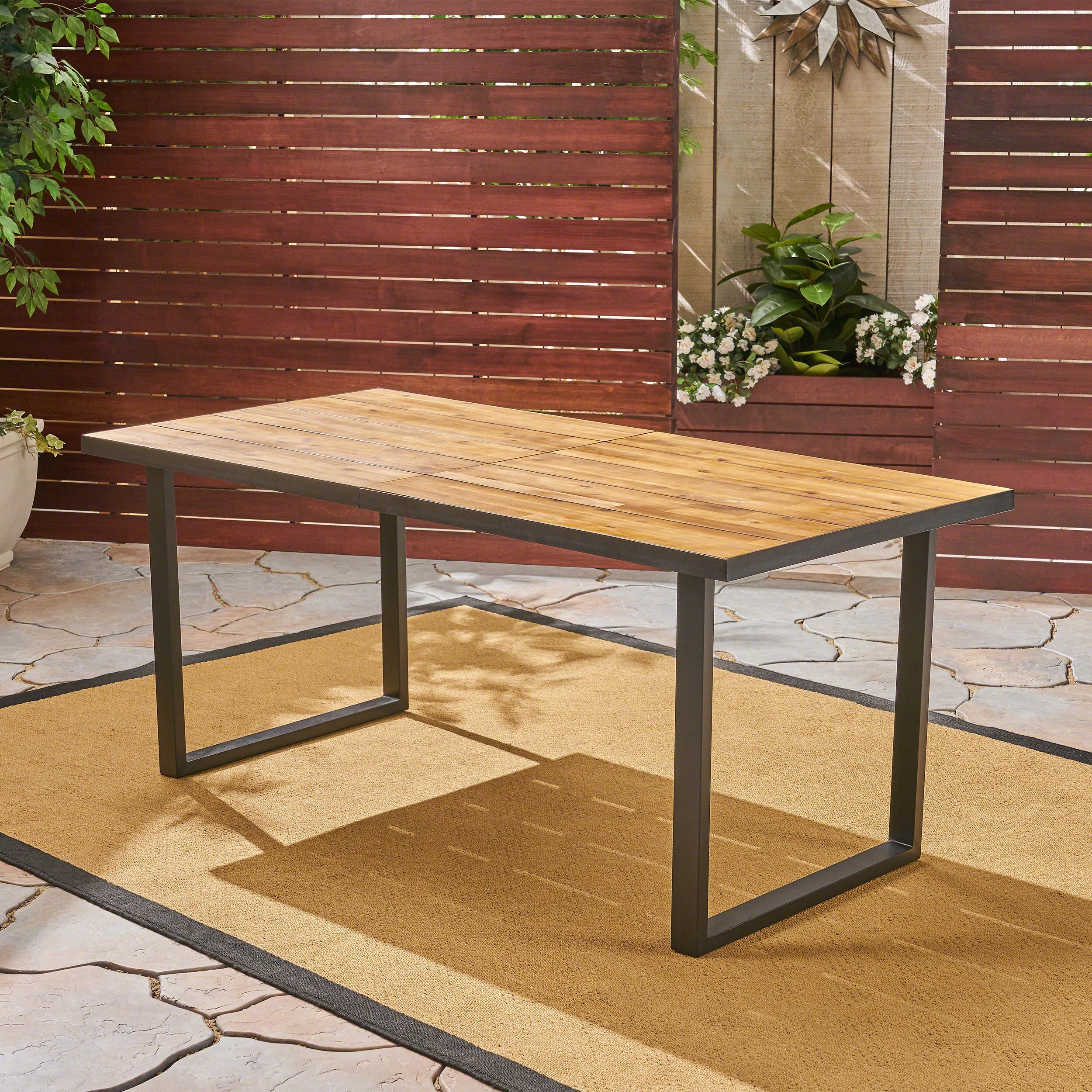 Outdoor Dining Table with Iron Legs and Teak Table Top