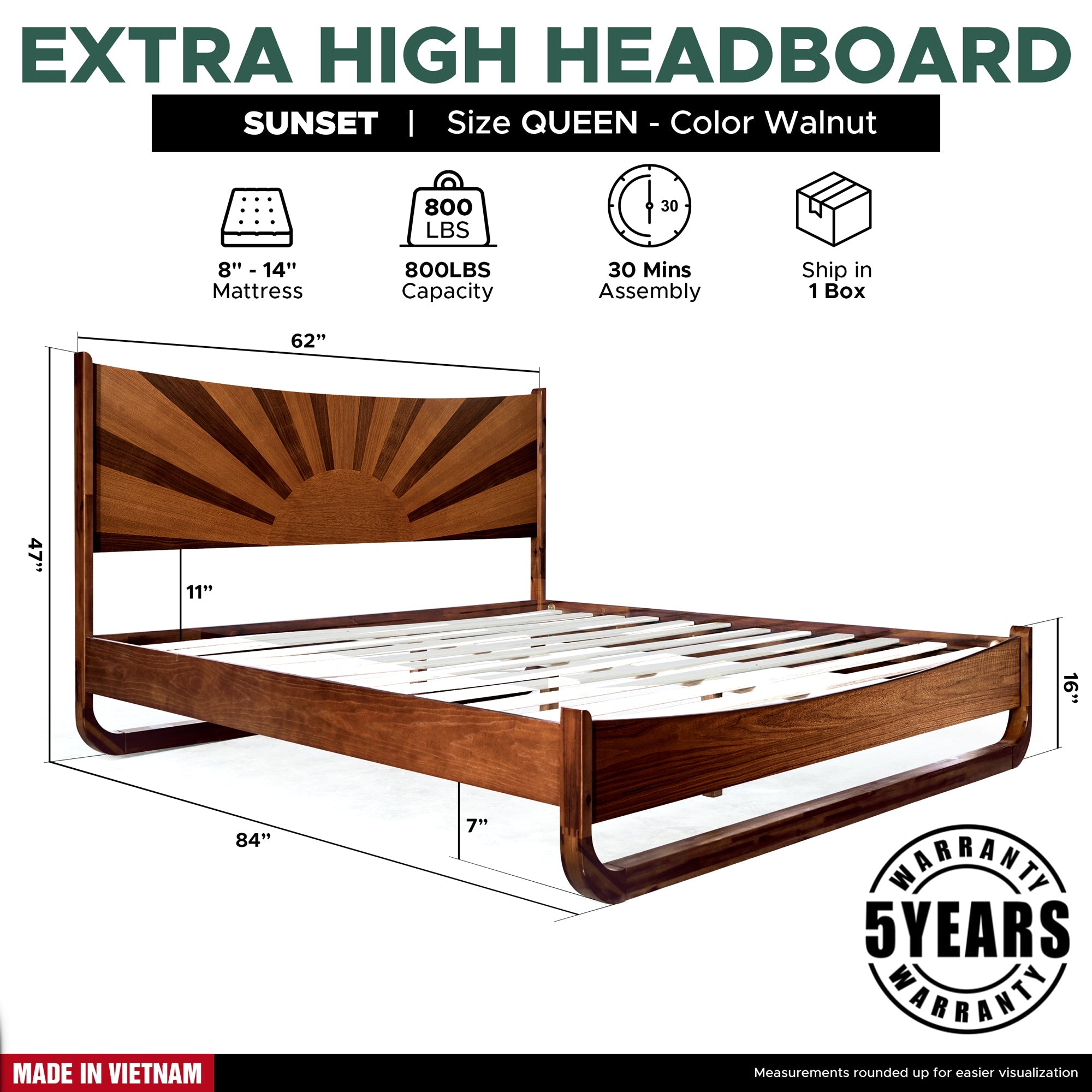 Sunset Acacia Platform Bed Frame With Headboard - Caramel, Walnut