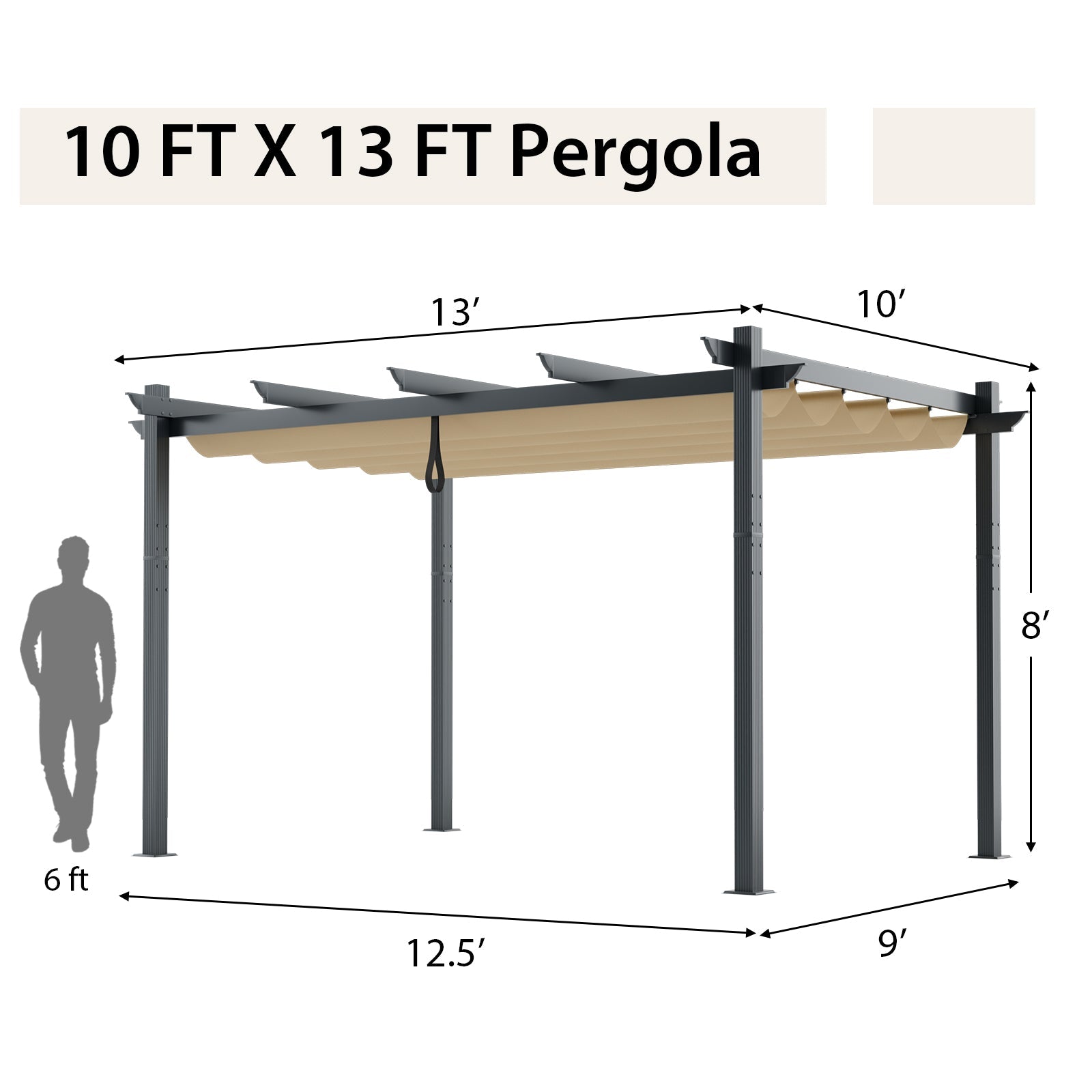 10 x 13 Ft Outdoor Aluminum Retractable Pergola Canopy Shelter - Beige or Gray