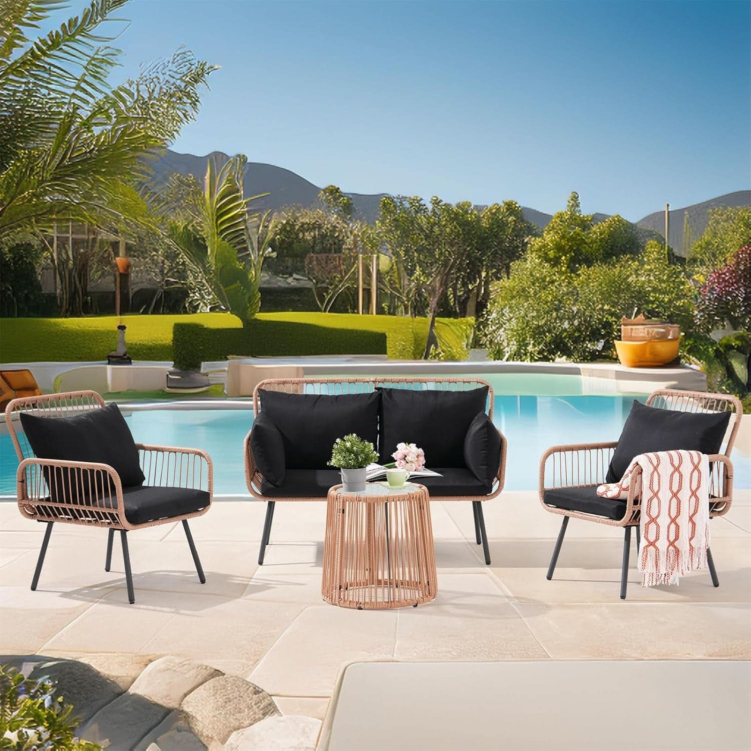 Stylish Four Piece Outdoor Wicker Patio Furniture Set in Black