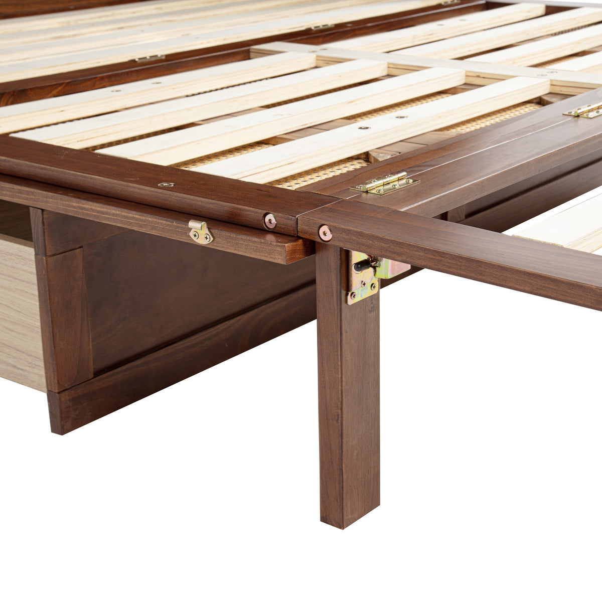 Queen Size Murphy Bed, Pine Wood with Power Station and Rattan Decoration Panel - Walnut