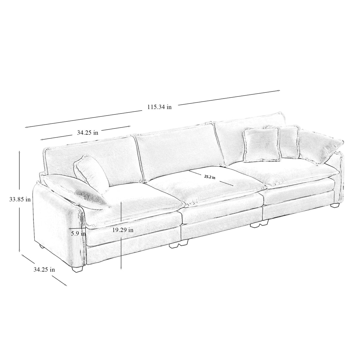 Modern 3 Piece Deep Seat Sofa Set - Beige Corduroy