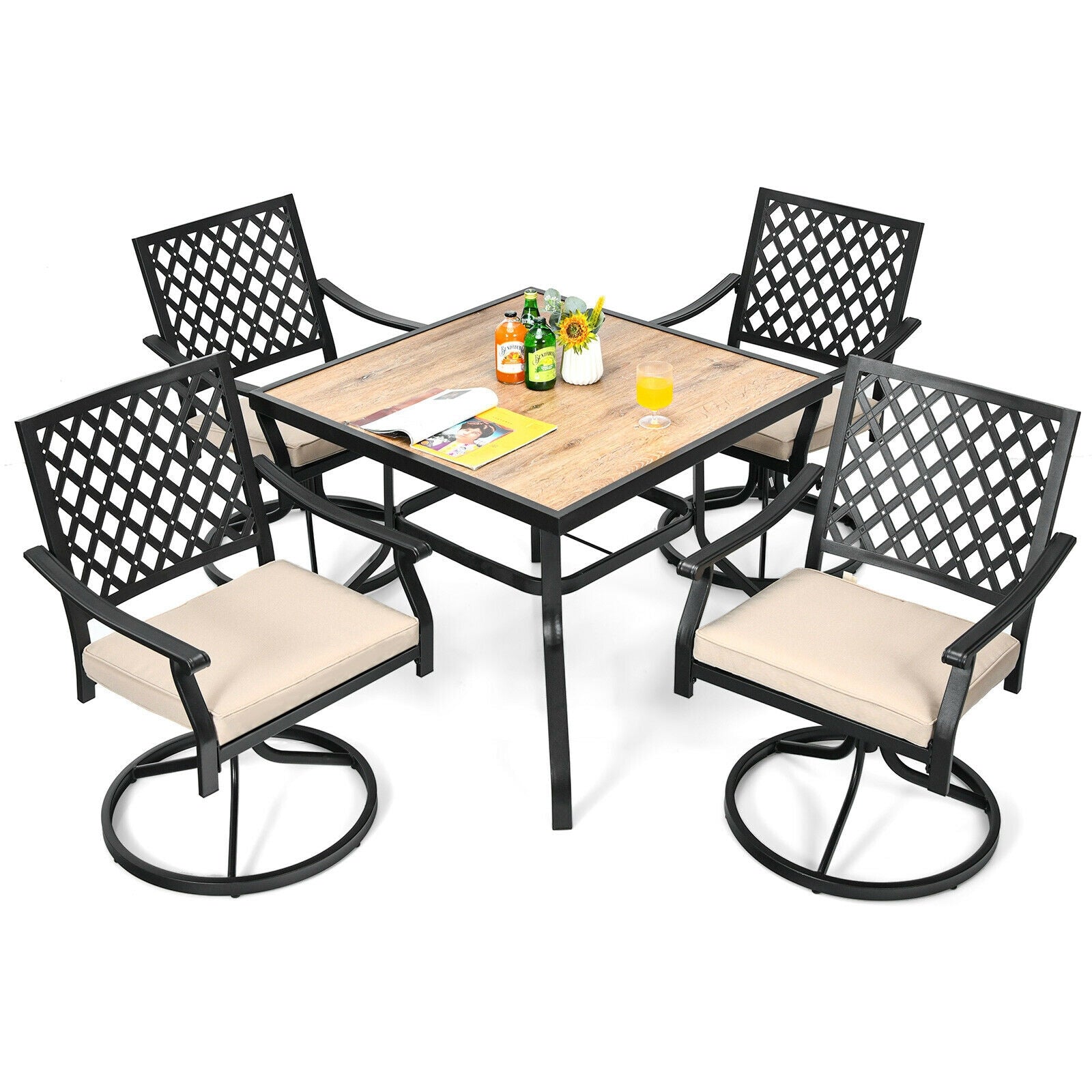 5-Piece Outdoor Patio Dining Set with Tan Cushions