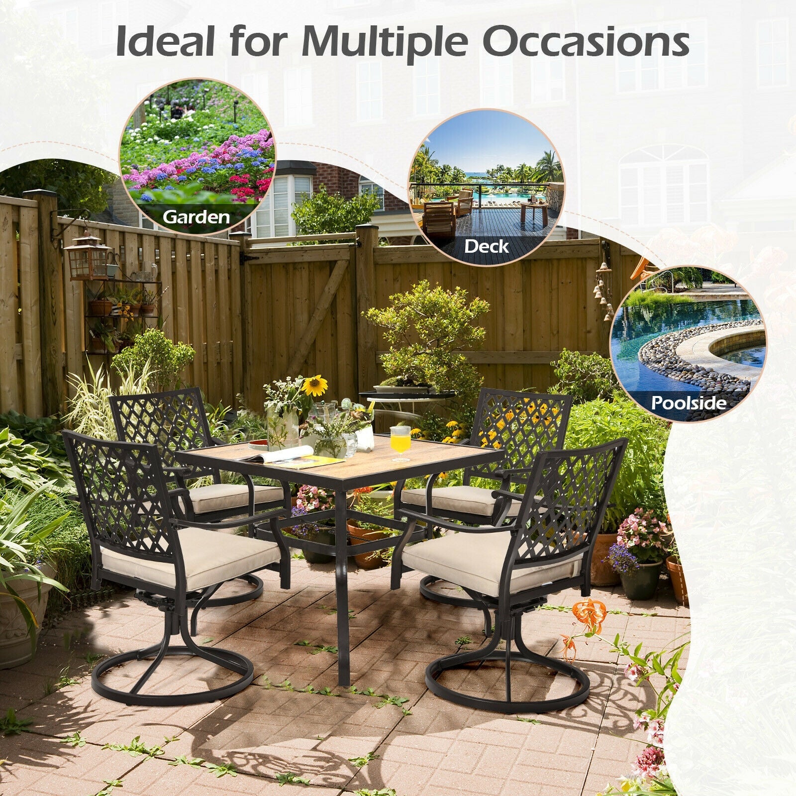 5-Piece Outdoor Patio Dining Set with Tan Cushions