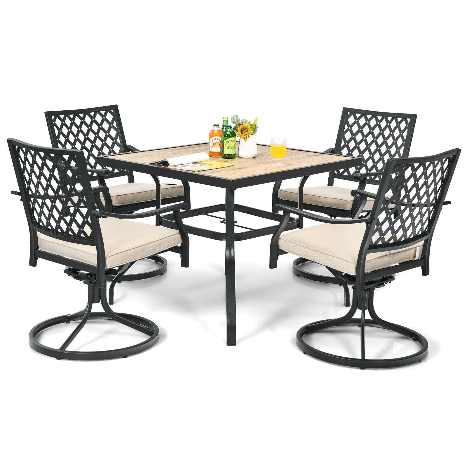 5-Piece Outdoor Patio Dining Set with Tan Cushions