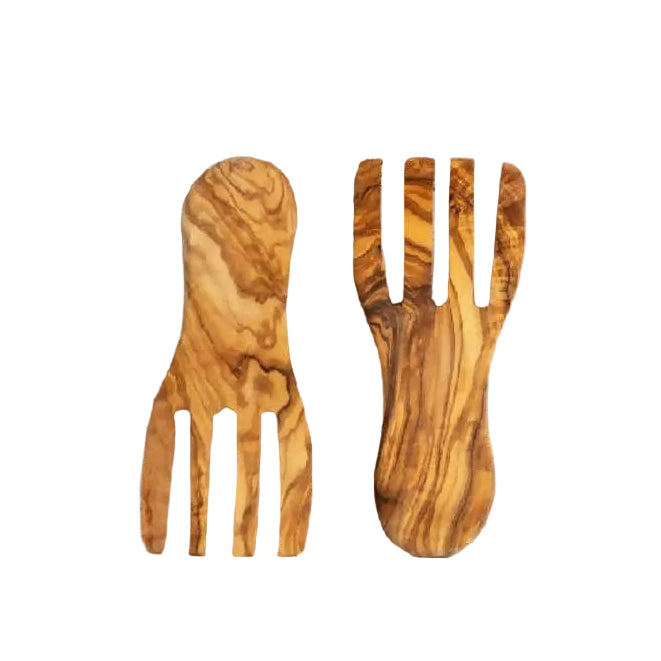 Olive Wood Salad Servers Flat Forks Set