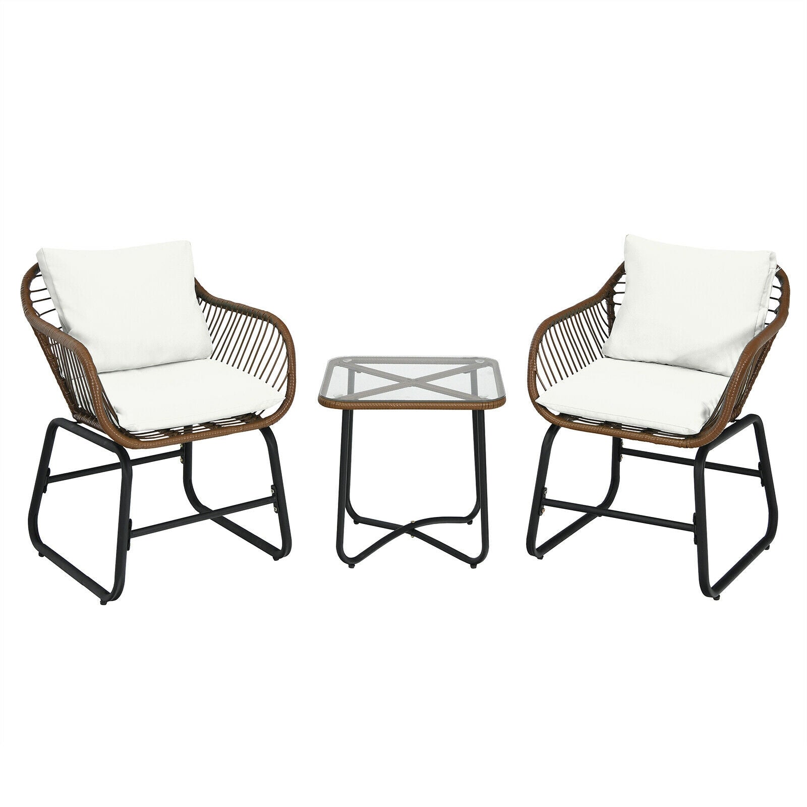 3 Pc Rattan Bistro Set with White Cushions
