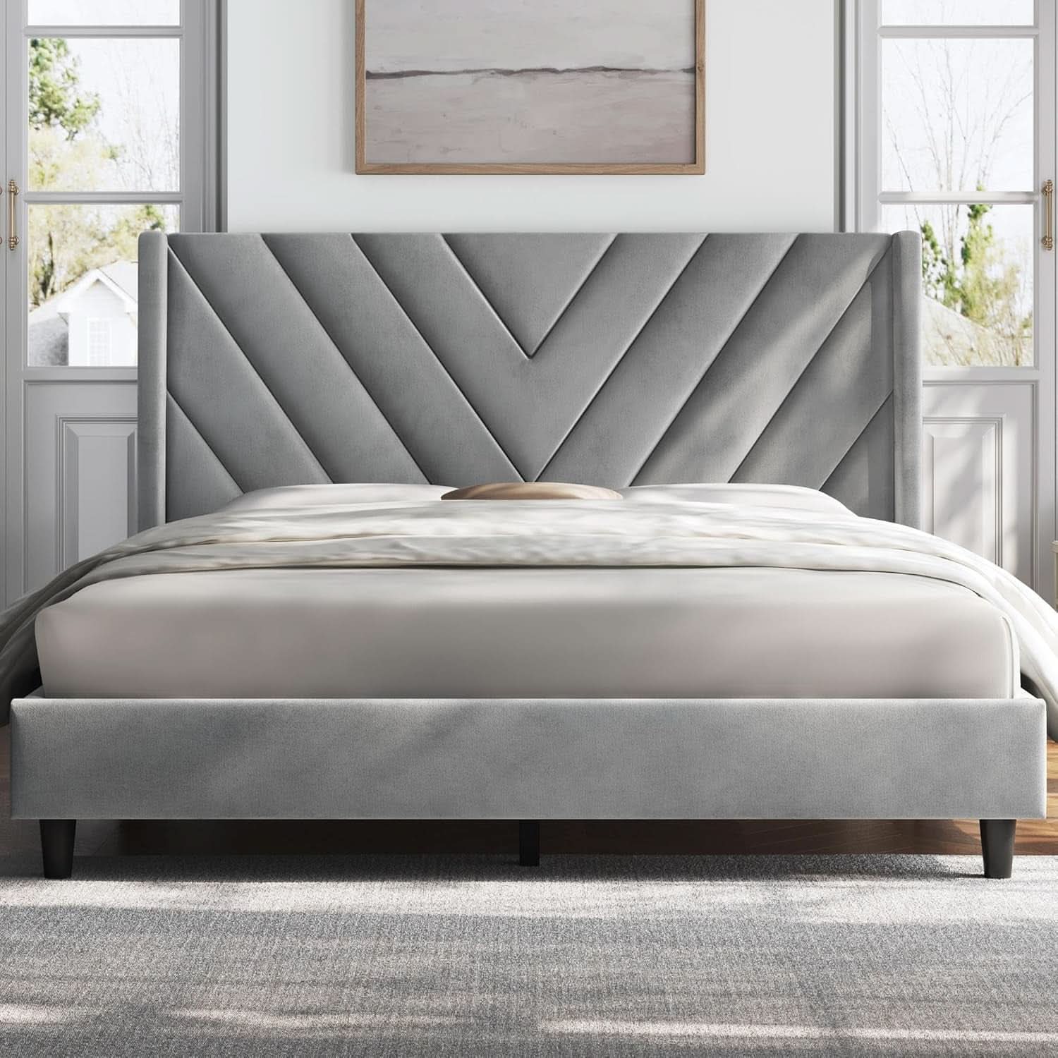 Queen Upholstered Bed Frame With Winged Tufted Headboard in Light Gray Velvet