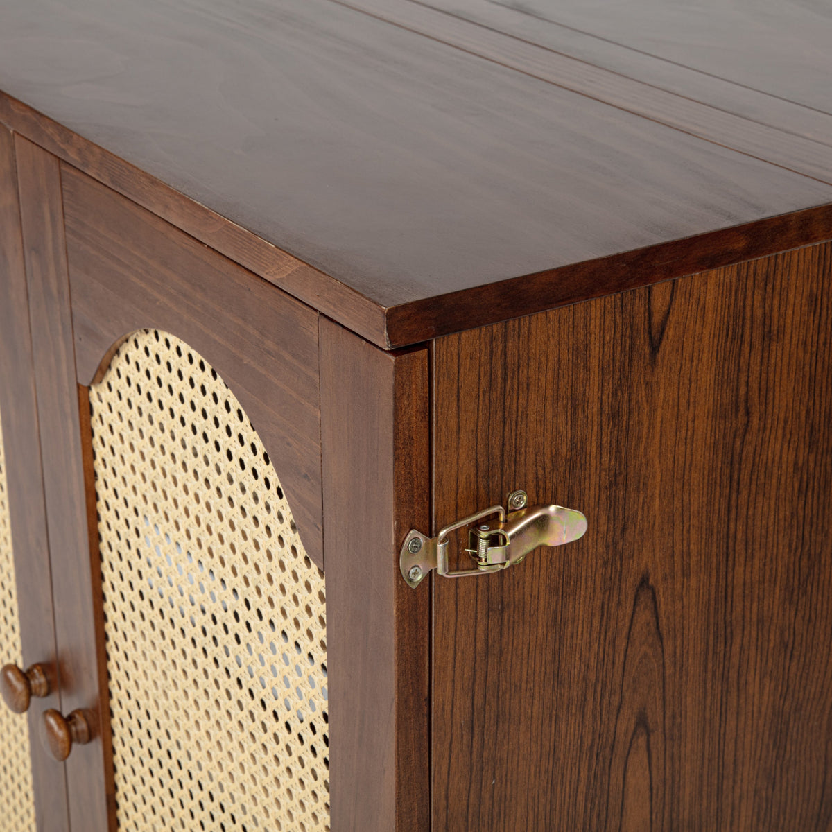 Queen Size Murphy Bed, Pine Wood with Power Station and Rattan Decoration Panel - Walnut