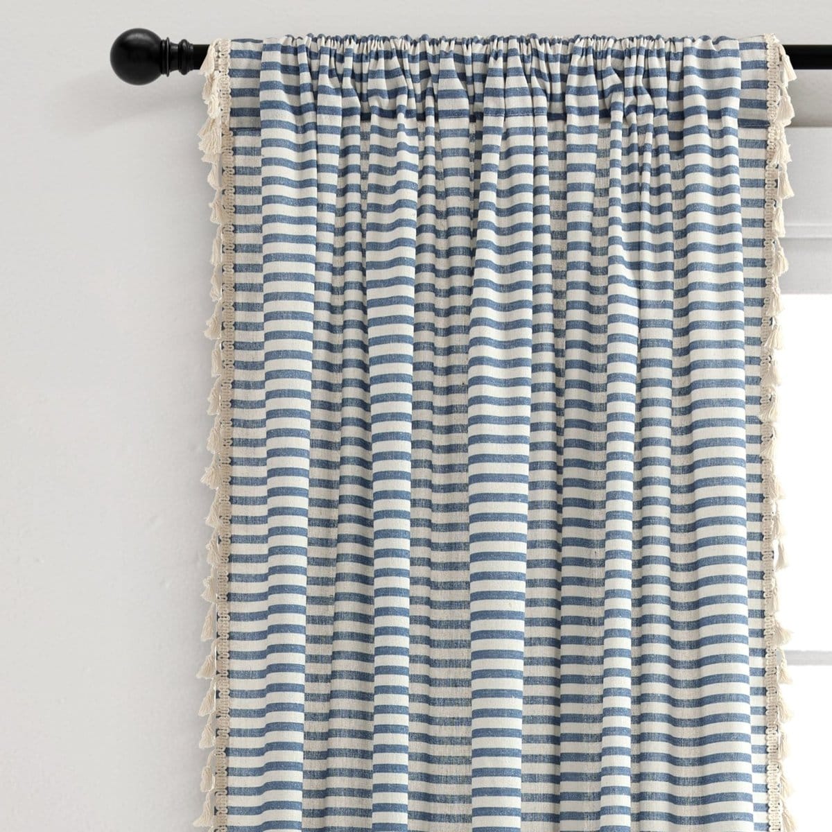 Boho-Coastal Horizontal Ticking Stripe Tassel Window Curtain Panel Sets