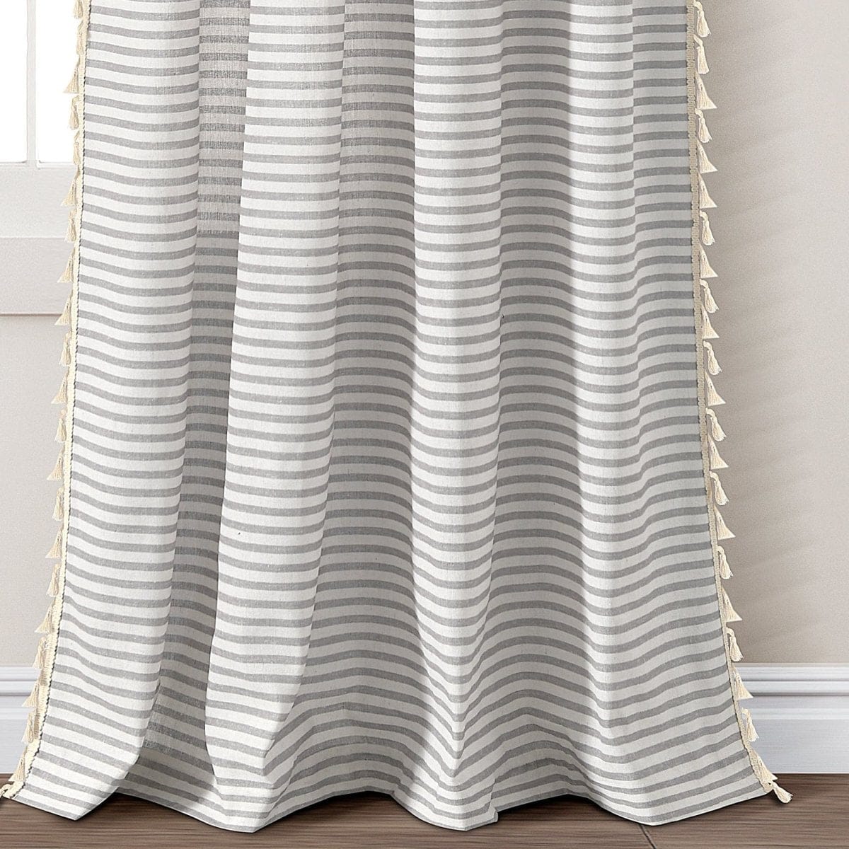 Boho-Coastal Horizontal Ticking Stripe Tassel Window Curtain Panel Sets