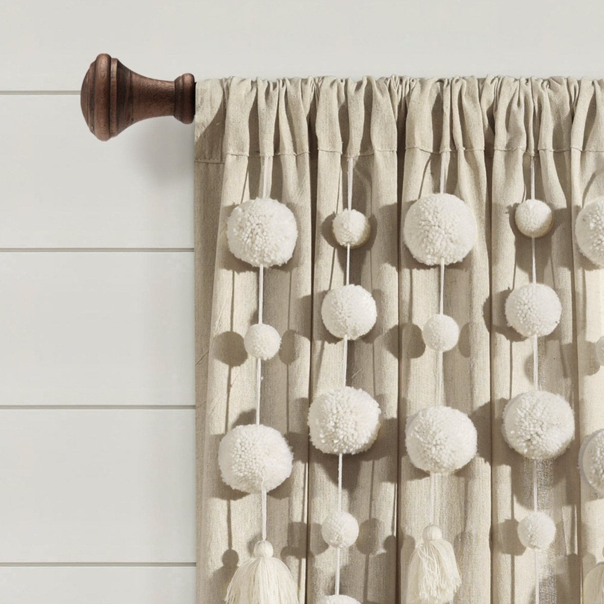 Boho Pom Pom Tassel Faux Linen Window Curtain Panels