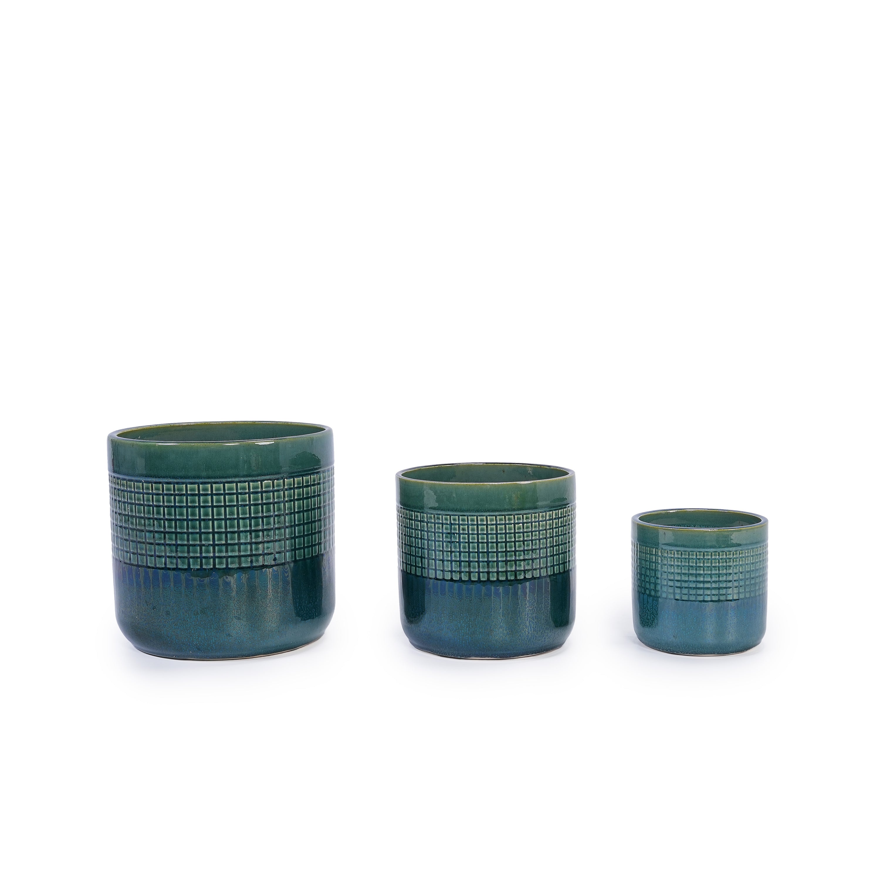 Set of 3 Grid Ceramic Flowerpots - Teal