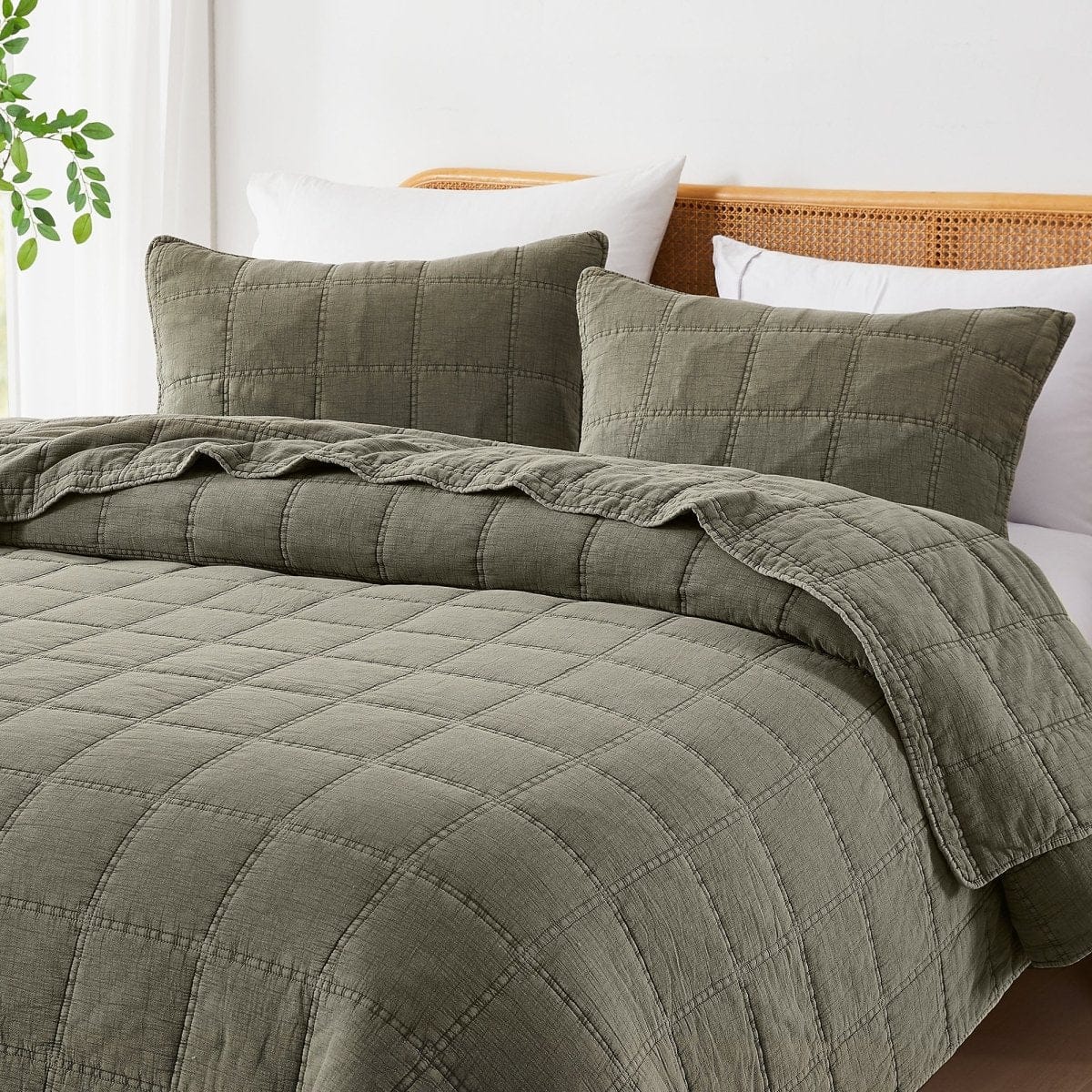 Logan Stone Washed Cotton Quilt 3 Piece Set - Sand, Faded Olive