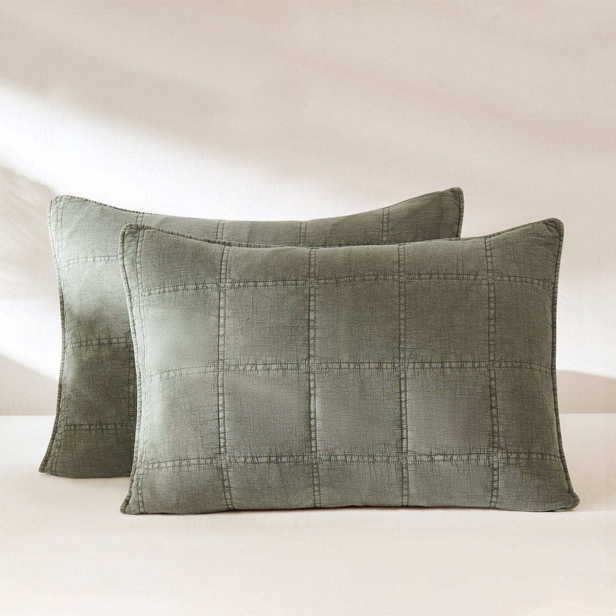 Logan Stone Washed Cotton Quilt 3 Piece Set - Sand, Faded Olive