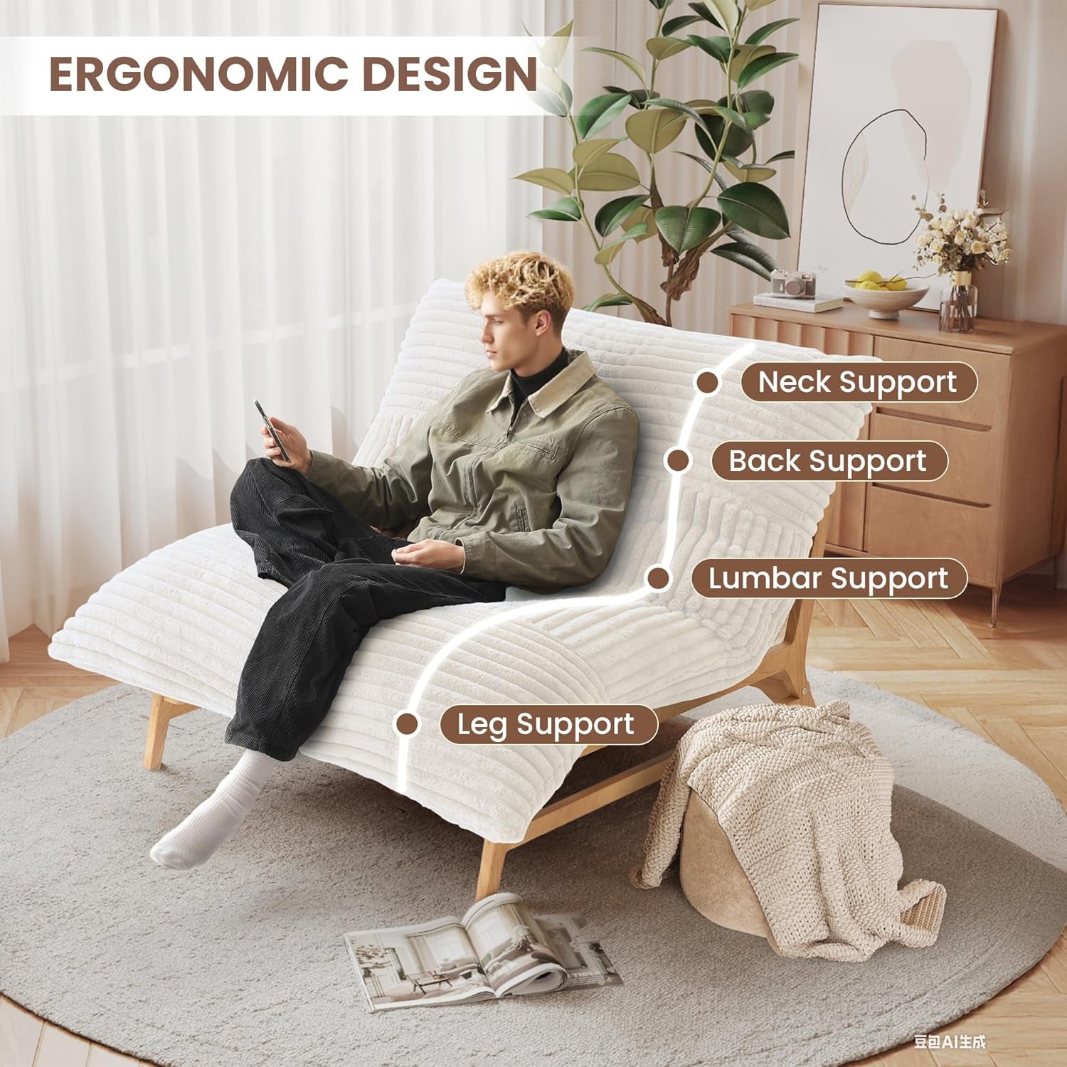 Oversized Chaise Lounge Chair in Beige Corduroy