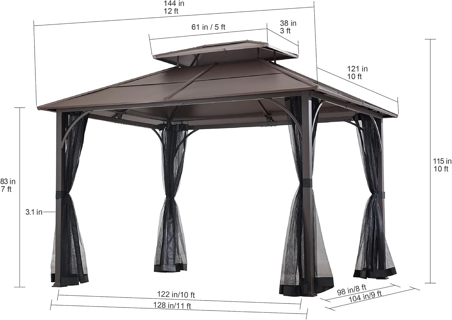 10x12 Dark Brown Hardtop Gazebo With Steel Frame And Netting