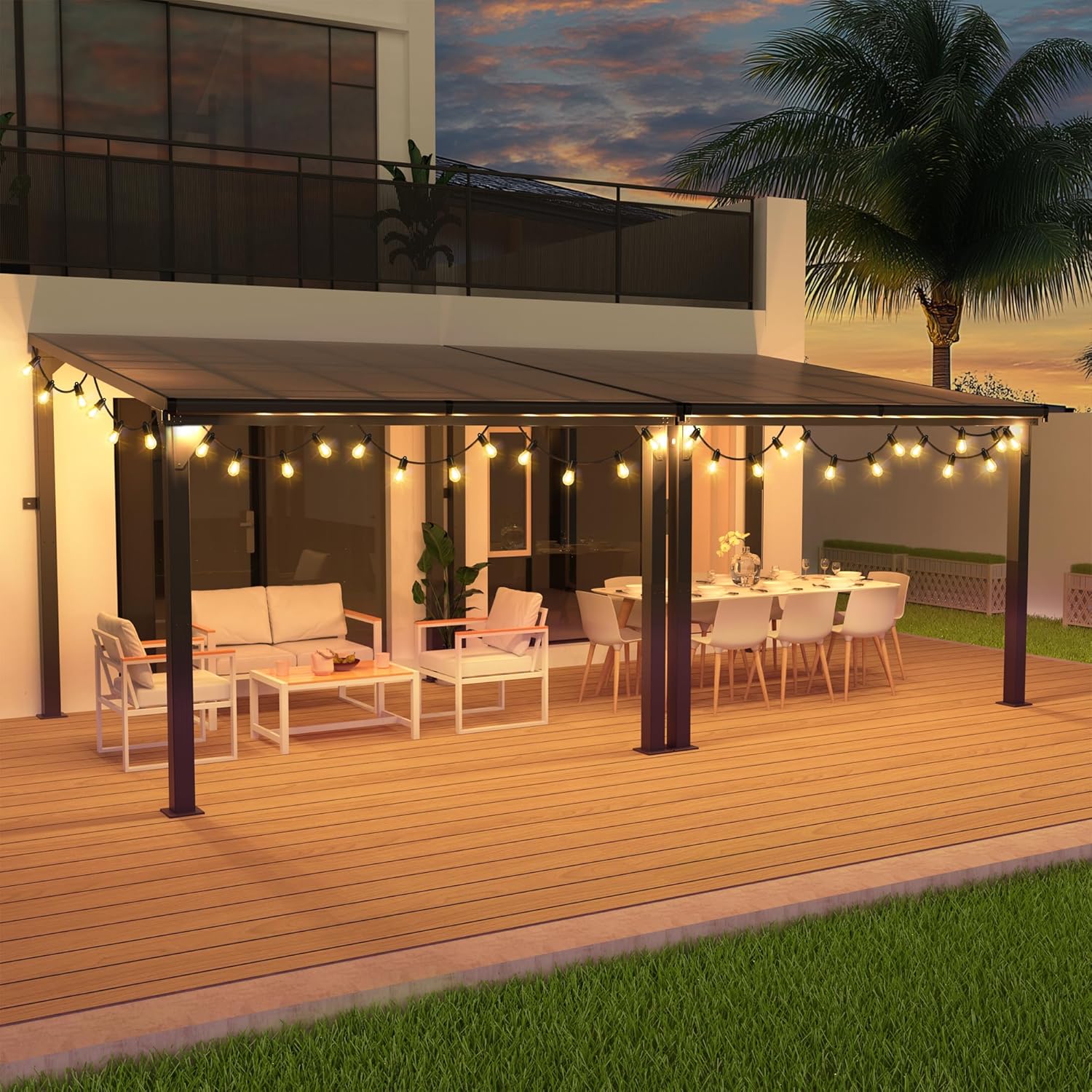 Hardtop Lean-to Pergola with Polycarbonate Roof for Patio or Deck