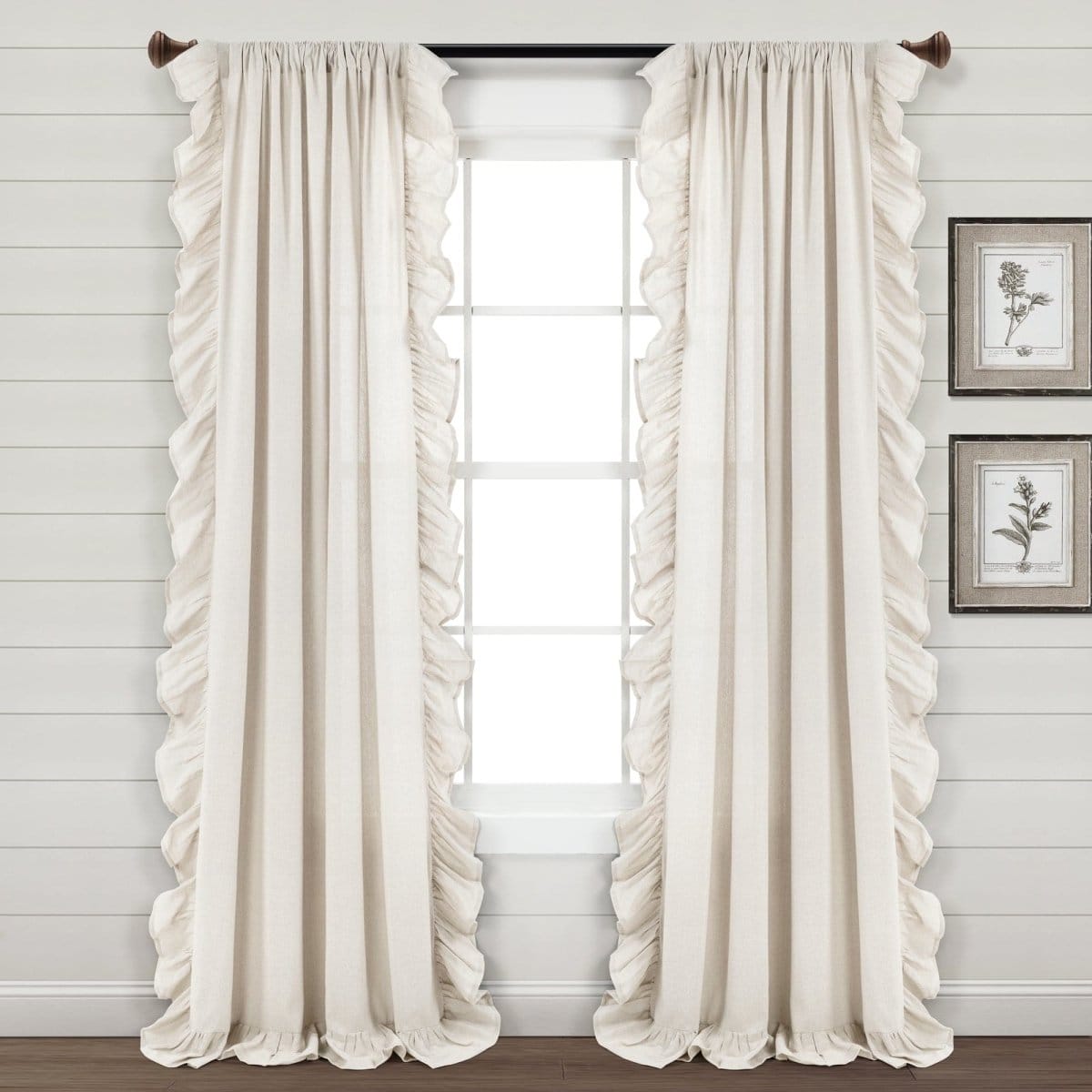 Faux Linen Ruffle Window Curtain Panels