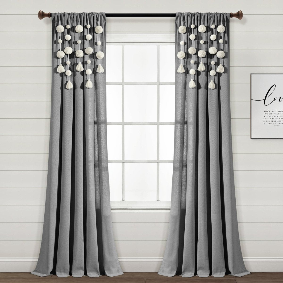 Boho Pom Pom Tassel Faux Linen Window Curtain Panels