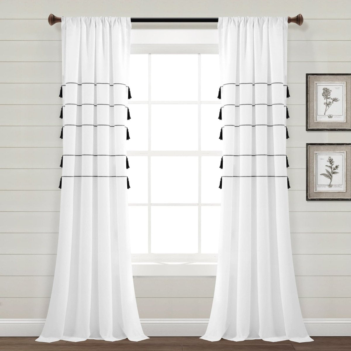 Farmhouse Boho Stripe Woven Tassel Yarn Dyed Recycled Cotton Blend Window Curtain Panel Sets
