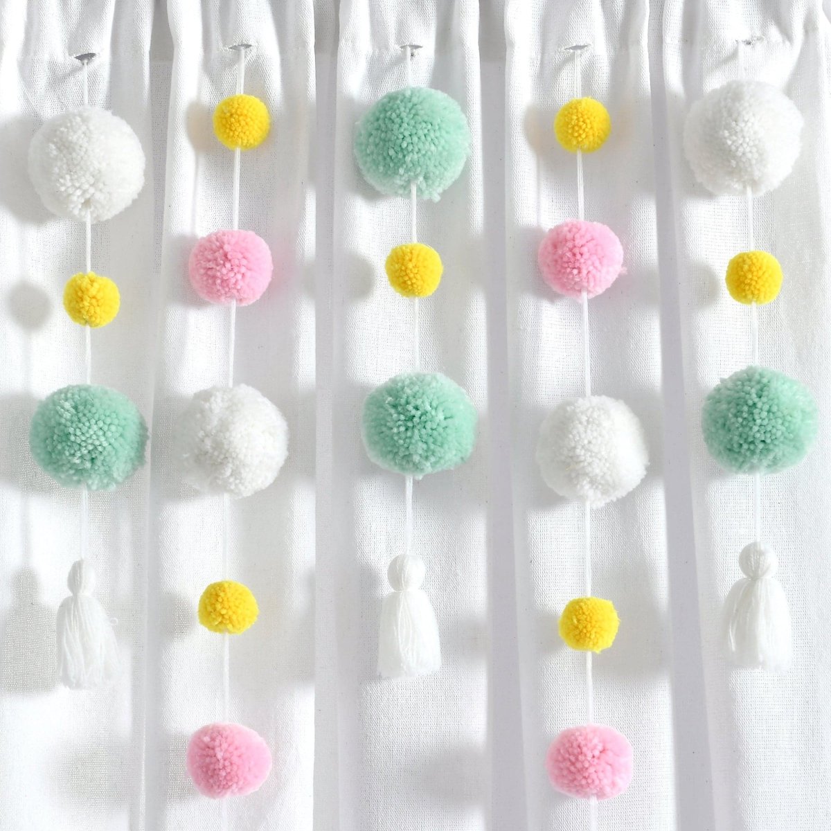 Boho Pom Pom Tassel Faux Linen Window Curtain Panels