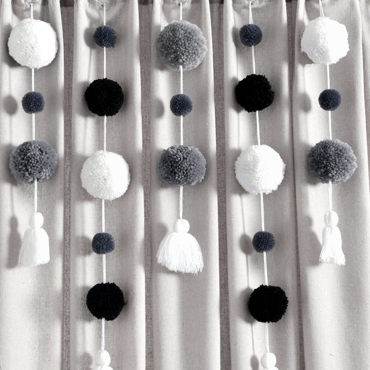Boho Pom Pom Tassel Faux Linen Window Curtain Panels