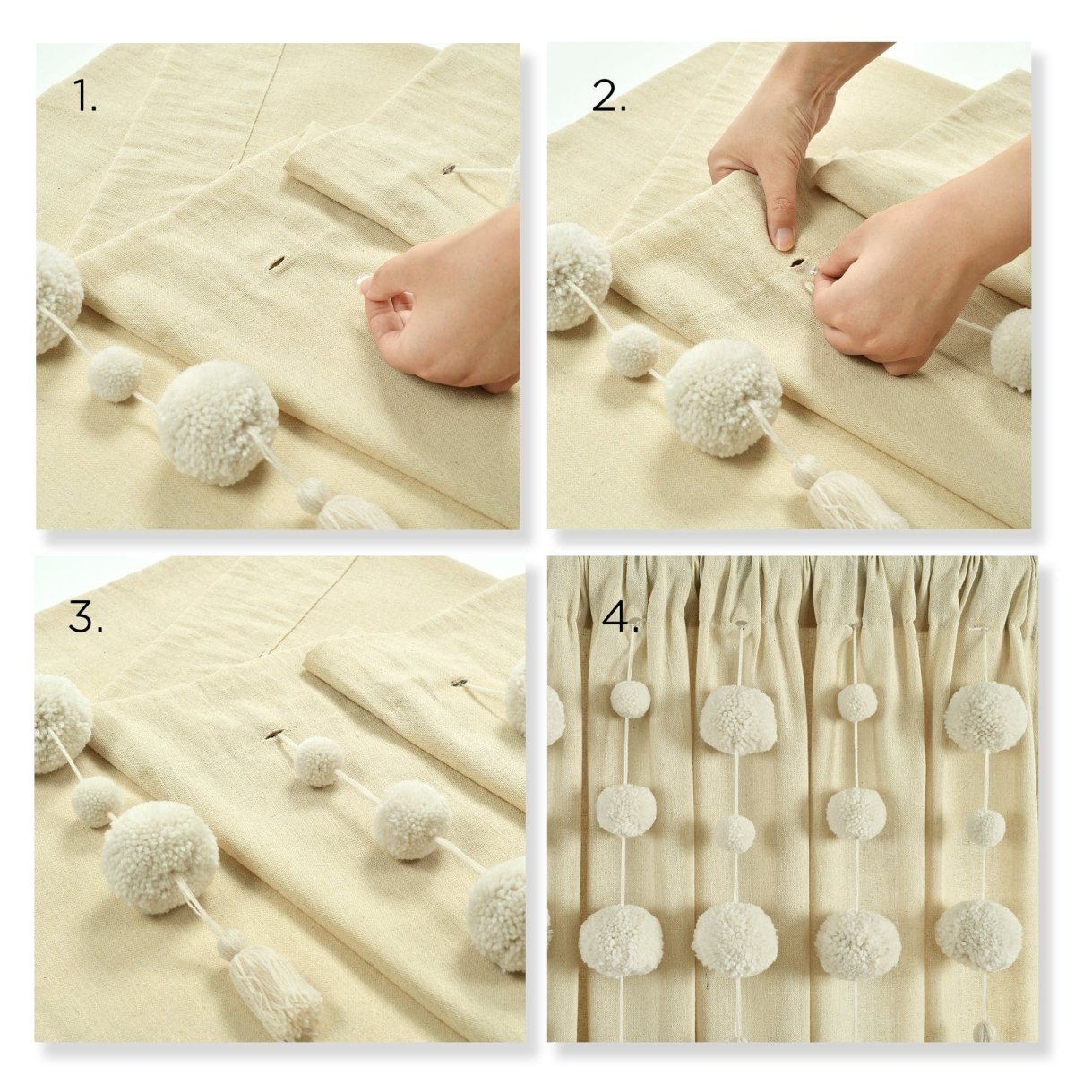 Boho Pom Pom Tassel Faux Linen Window Curtain Panels