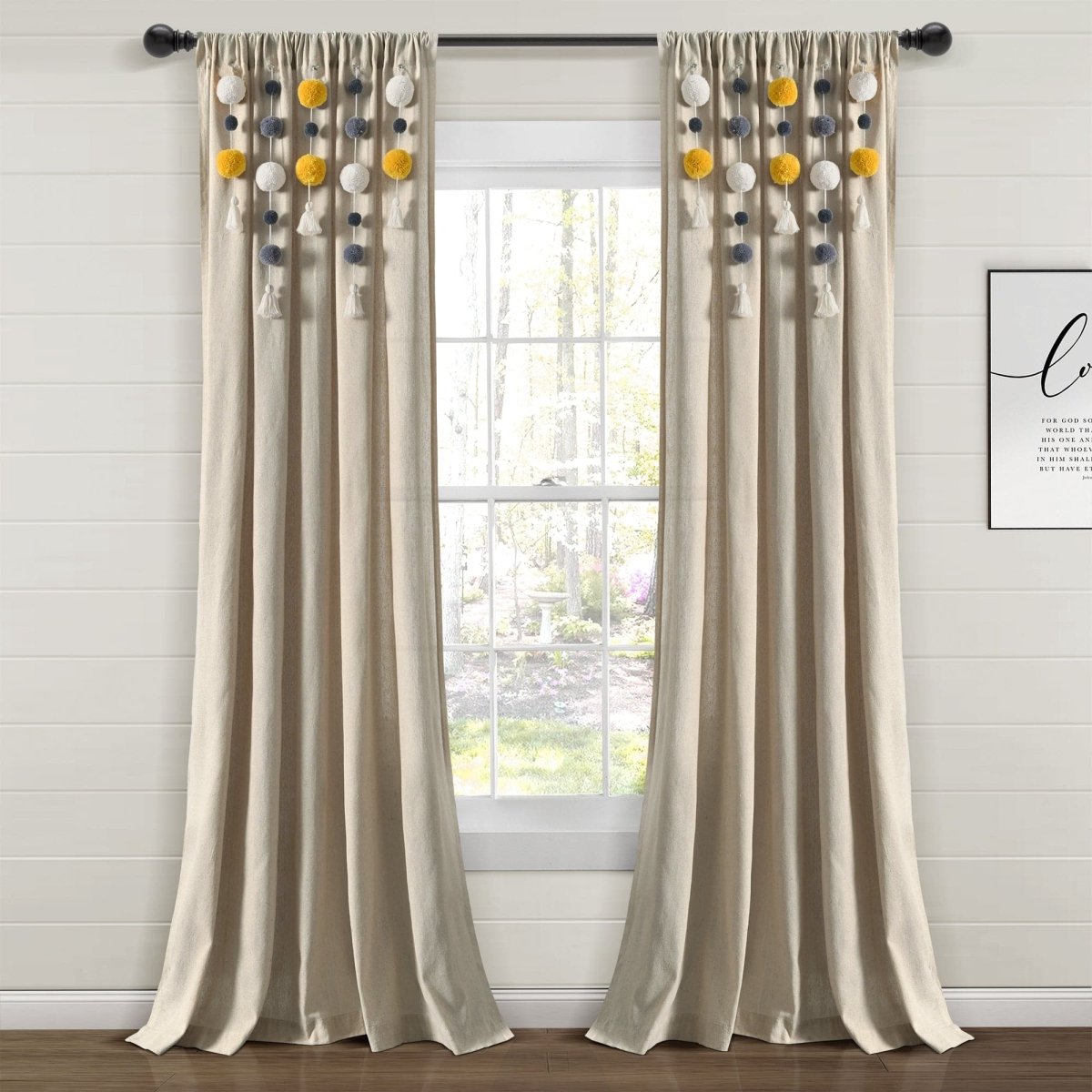 Boho Pom Pom Tassel Faux Linen Window Curtain Panels