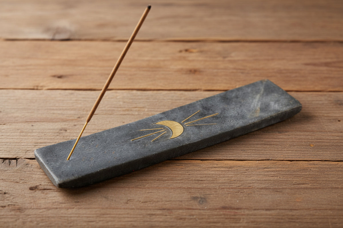 Indukala Moon Phase Incense Holder - Black Carved Marble