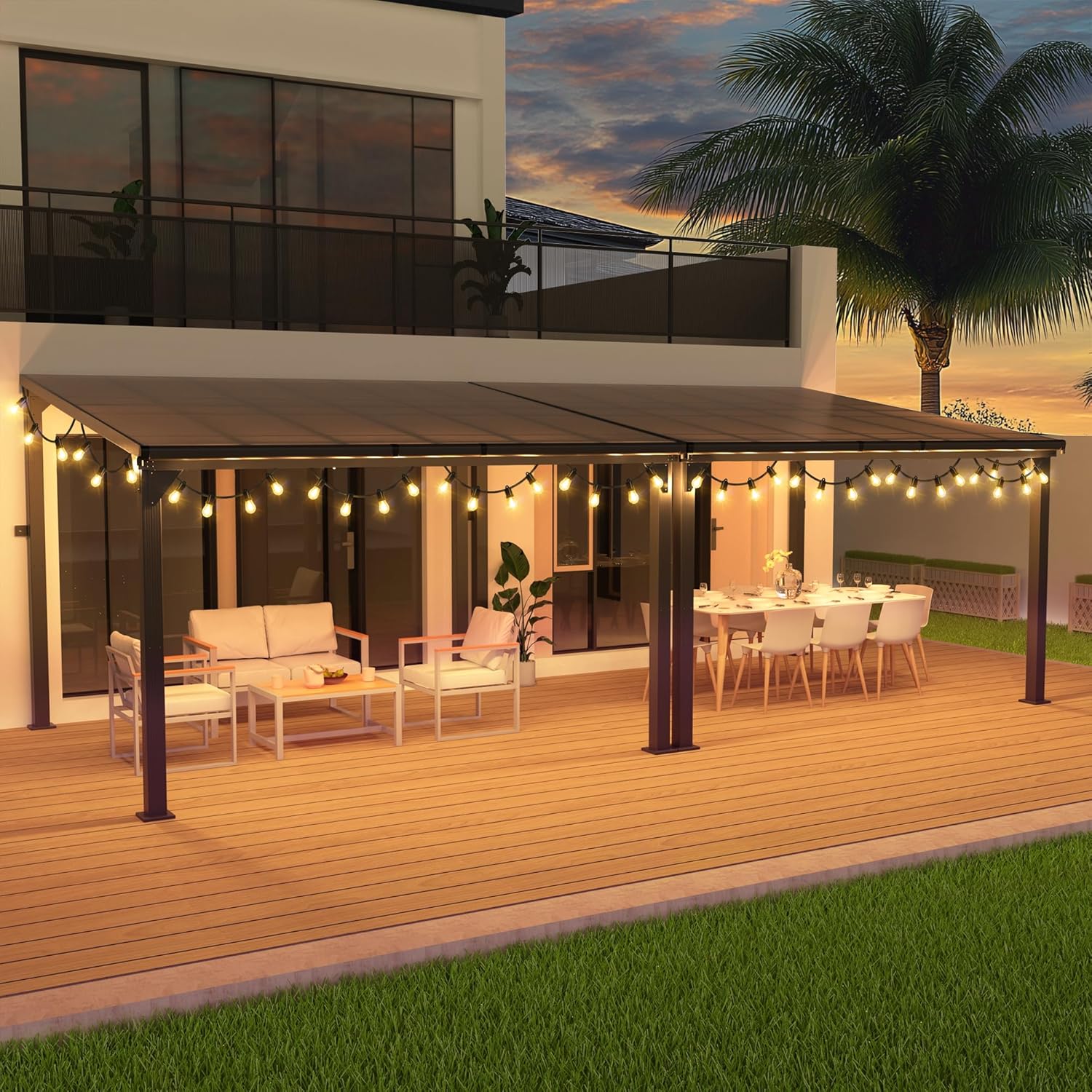 Hardtop Lean-to Pergola with Polycarbonate Roof for Patio or Deck