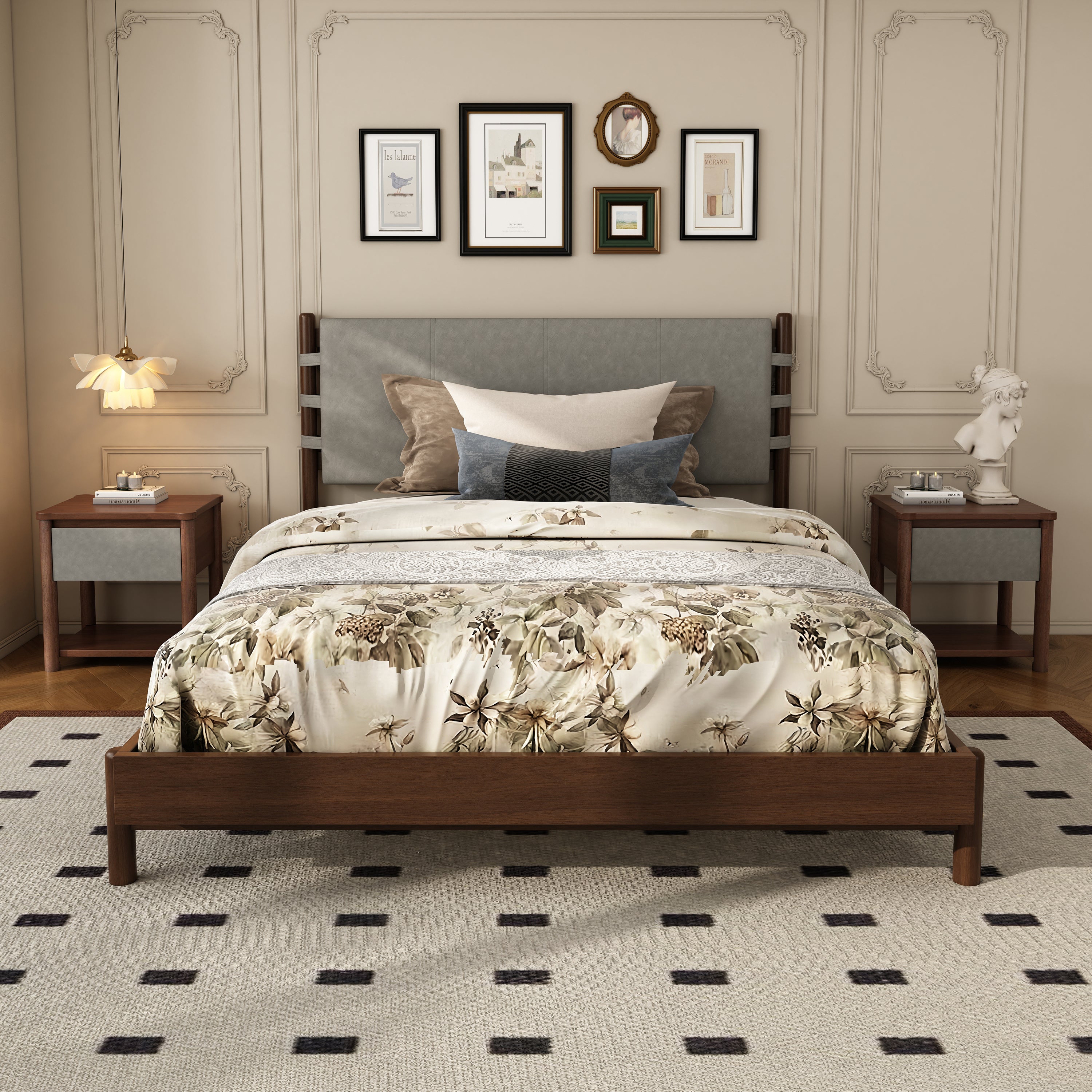 Modern Queen Bed Frame Set with 2 Nightstands - Gray/Walnut