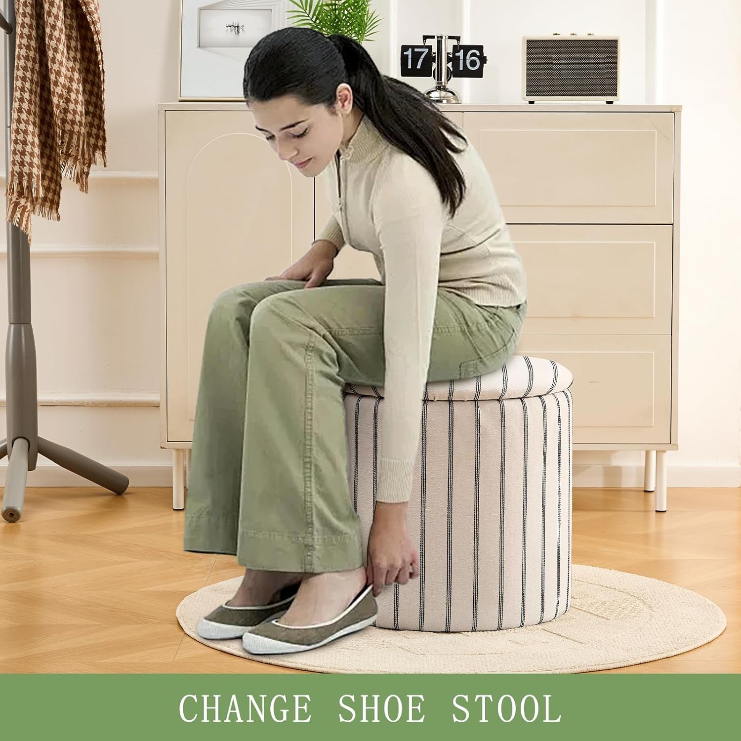 Striped Round Storage Ottoman With Removable Tray