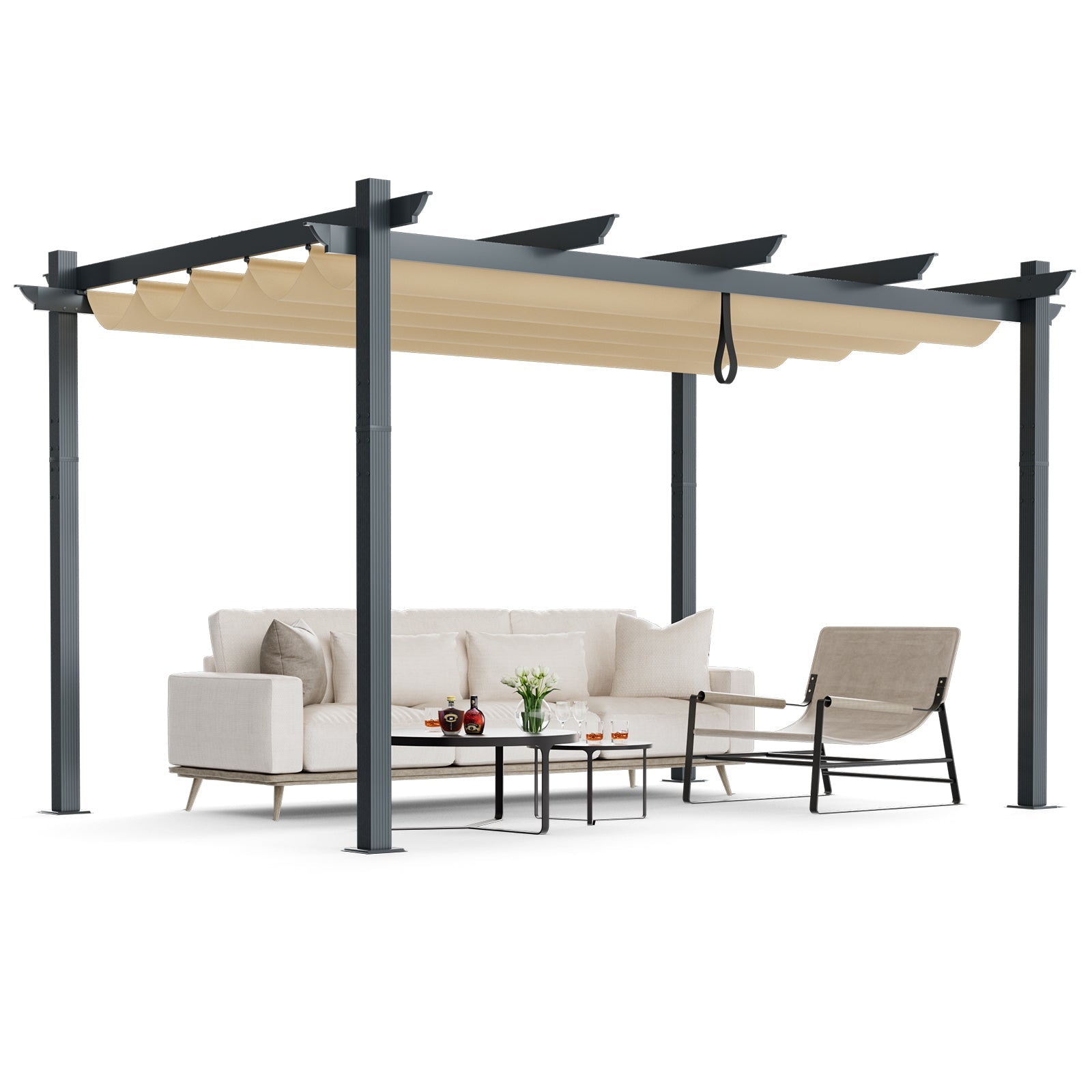 10 x 13 Ft Outdoor Aluminum Retractable Pergola Canopy Shelter - Beige or Gray