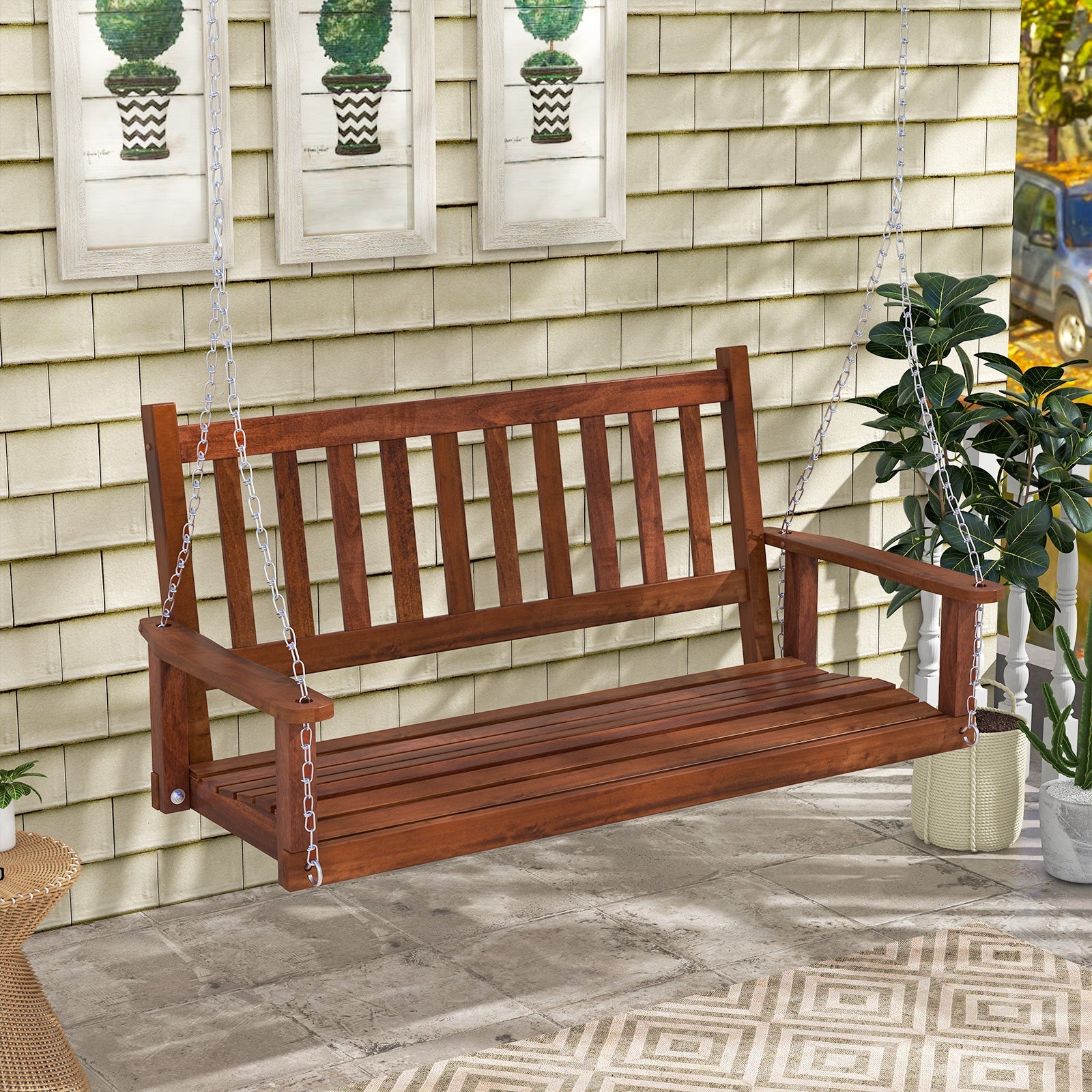 2-Person Wooden Outdoor Porch Swing with 500 lbs Weight Capacity - Brown or White
