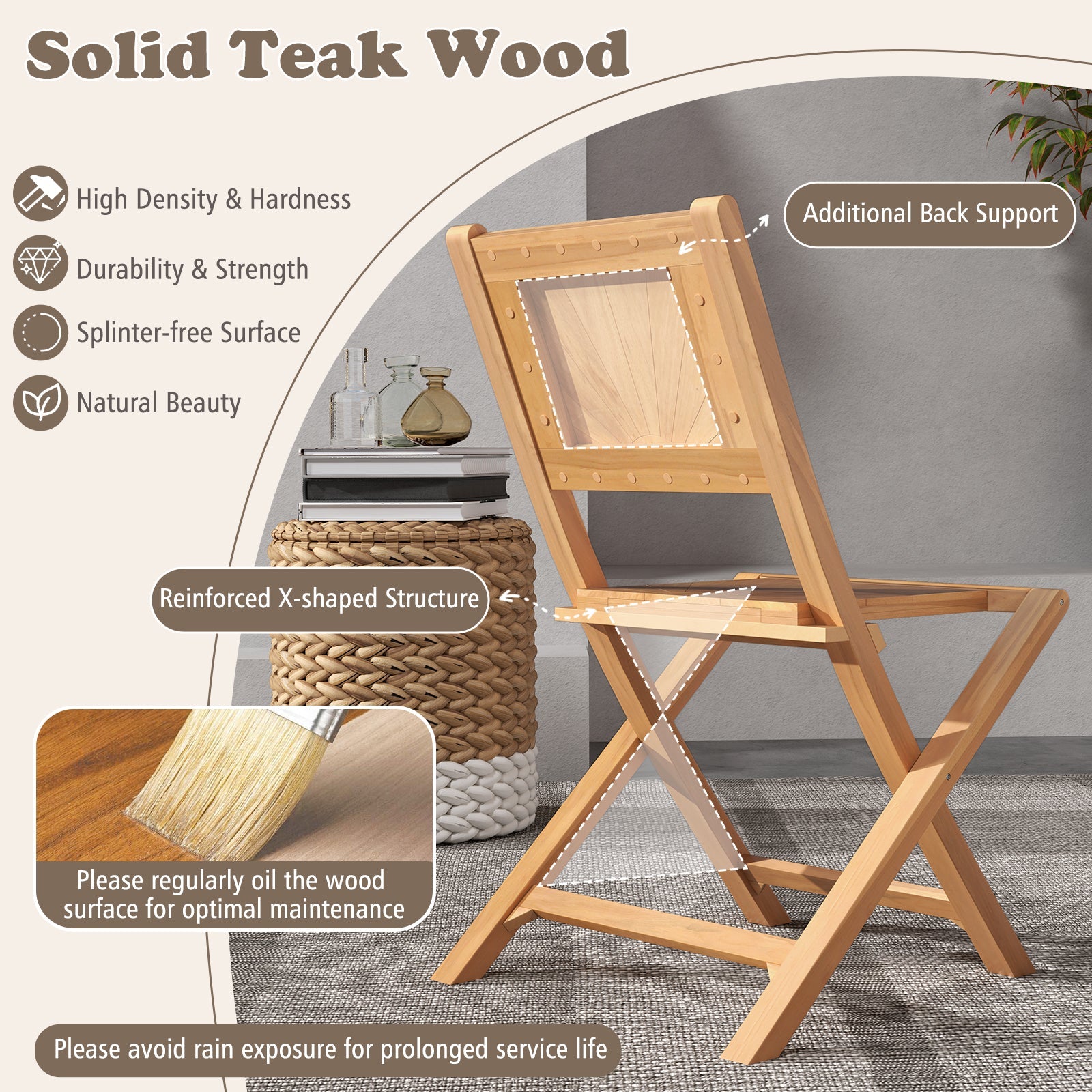 Set of 2 Teak Wood Outdoor Folding Chairs