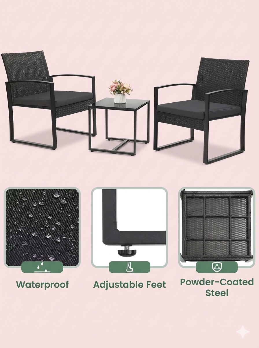 3-Piece Outdoor Patio Furniture Set – Wicker Chairs with Beige or Black Cushions