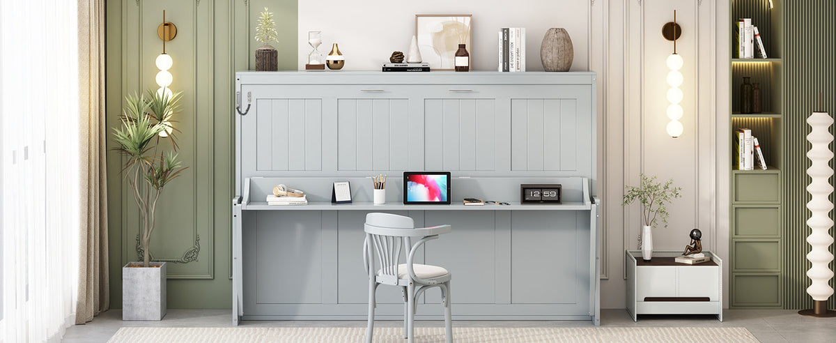 Queen Size Murphy Bed with Hydraulic Lift & Desk Design - Gray