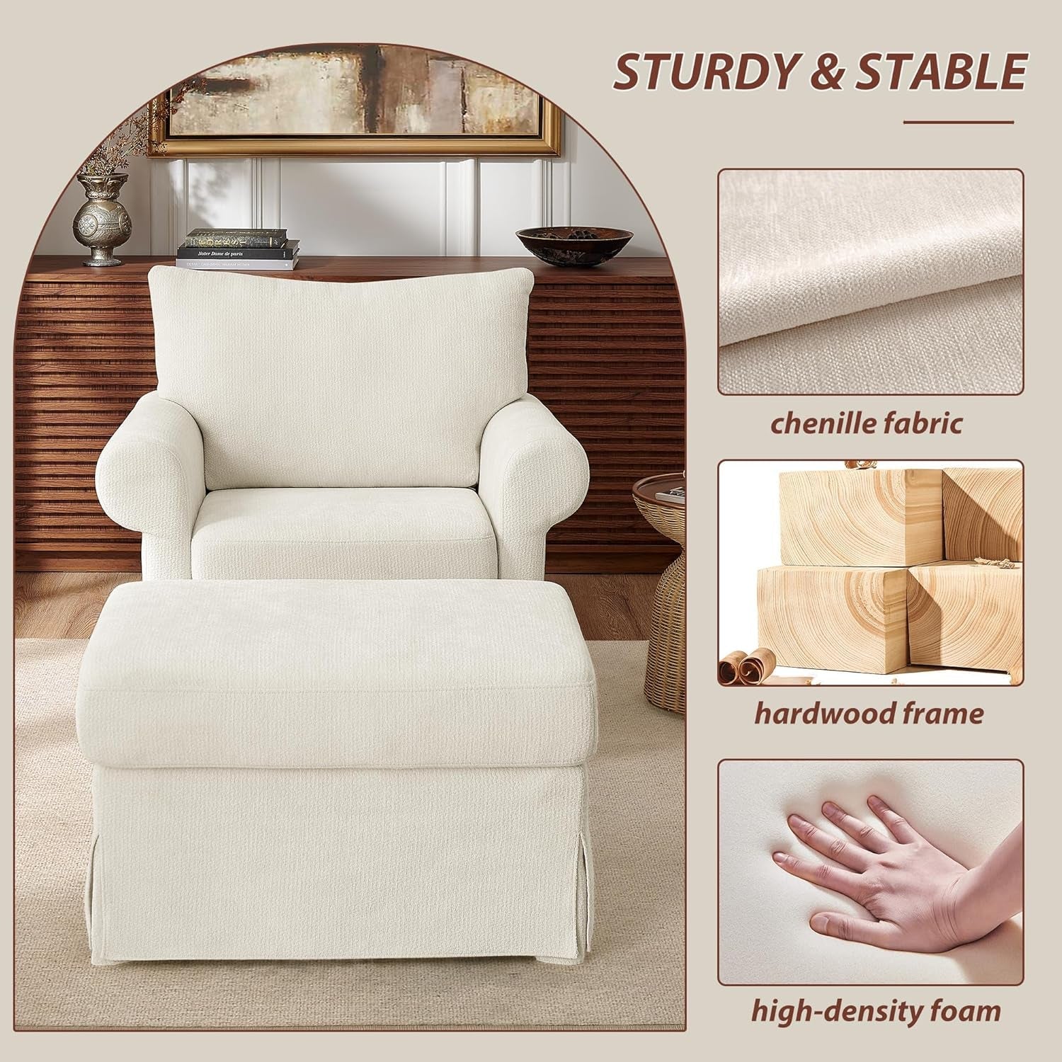 Beige Chenille Contemporary Chair & Ottoman - 2 Pc Set