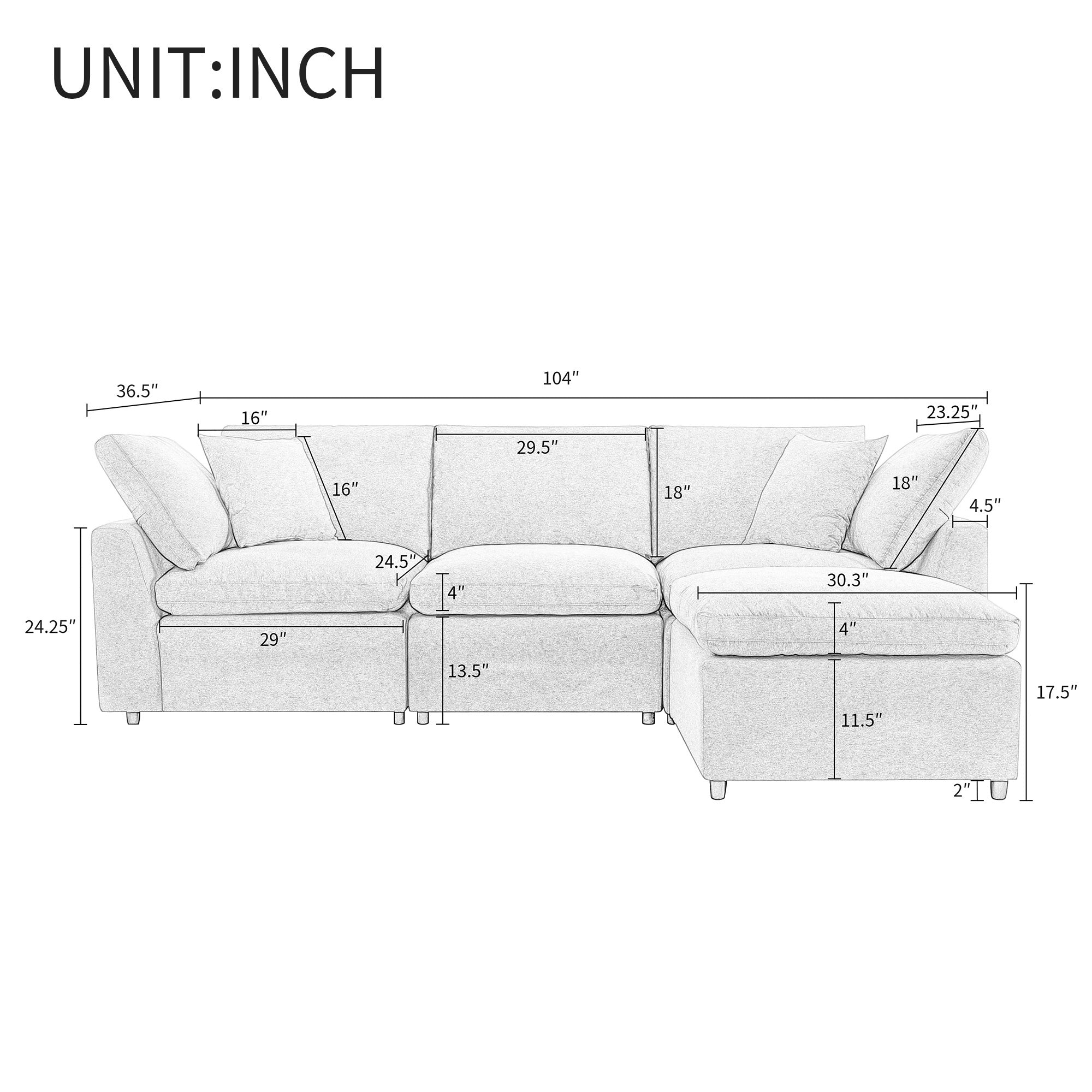 Down Filled Sectional Sofa in Grey