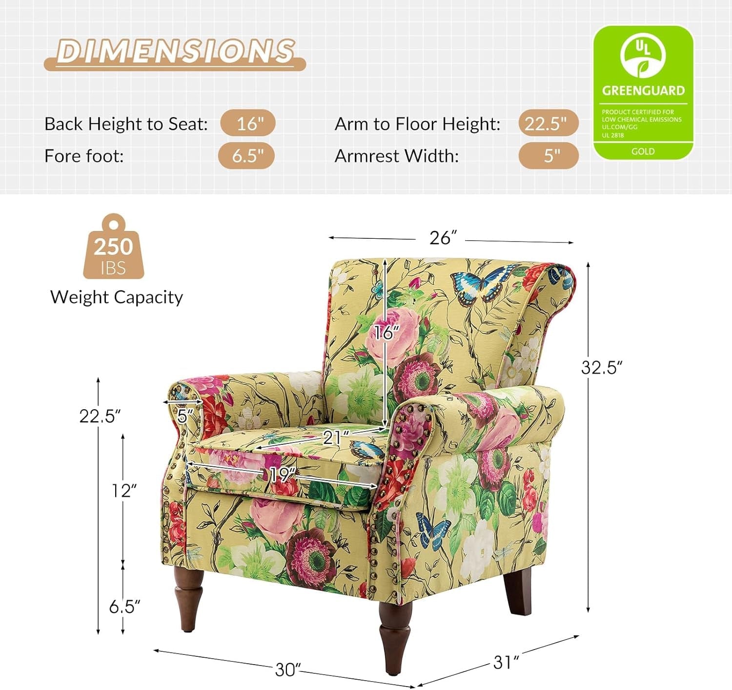 Yellow Floral Wingback Chair With Solid Wood Legs