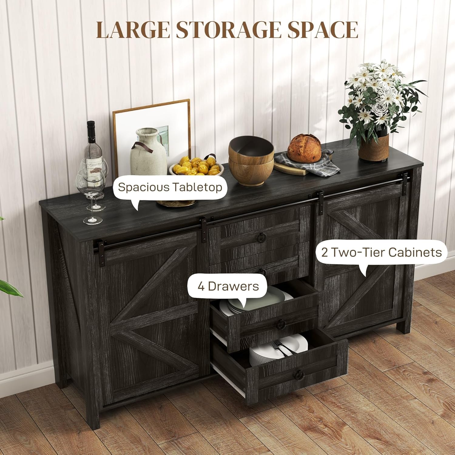 60 Inch Farmhouse Sideboard Buffet Cabinet Sliding Doors