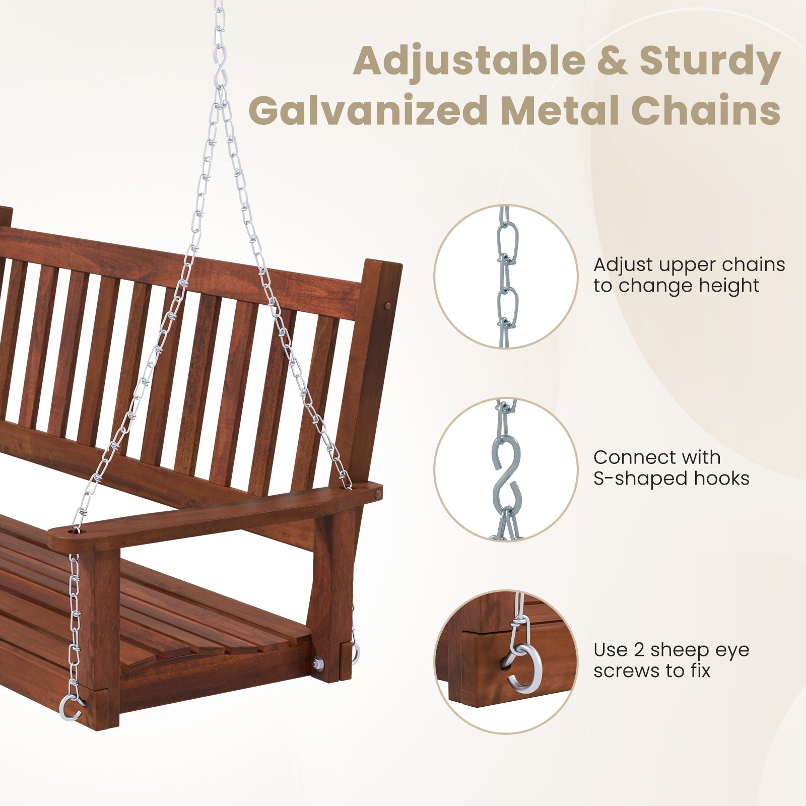 2-Person Wooden Outdoor Porch Swing with 500 lbs Weight Capacity - Brown or White