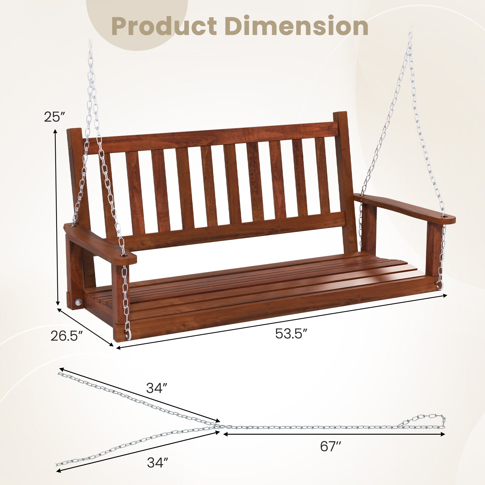 2-Person Wooden Outdoor Porch Swing with 500 lbs Weight Capacity - Brown or White