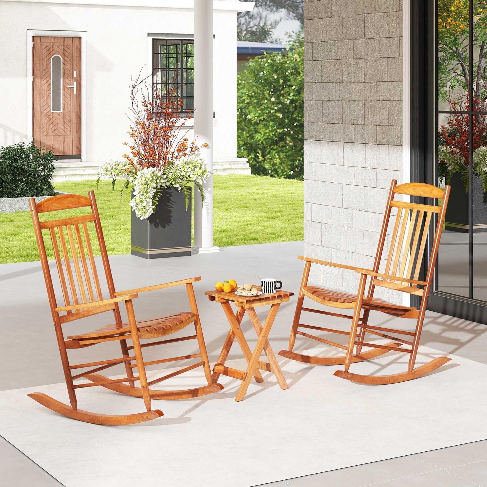 3-piece Outdoor Poplar Wood Rocking Chair Set - Natural