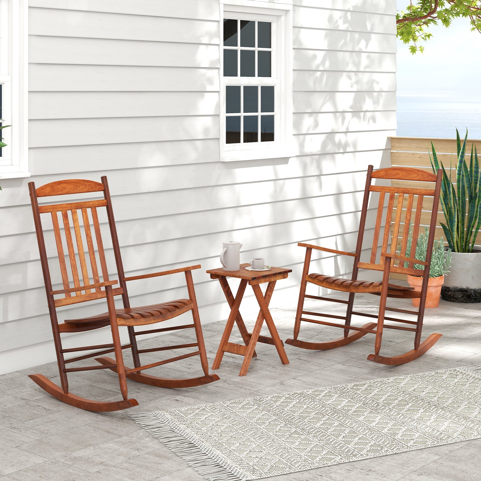 3-piece Outdoor Poplar Wood Rocking Chair Set - Natural